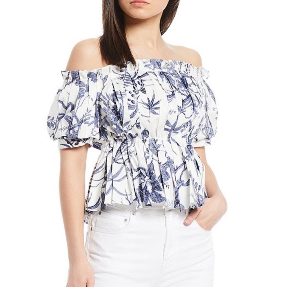 ANTONIO MELANI White Top with Blue Botanical Print and Puff Sleeves